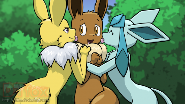 Jolteon and Glaceon both lean in and give Eevee a lick to the cheek