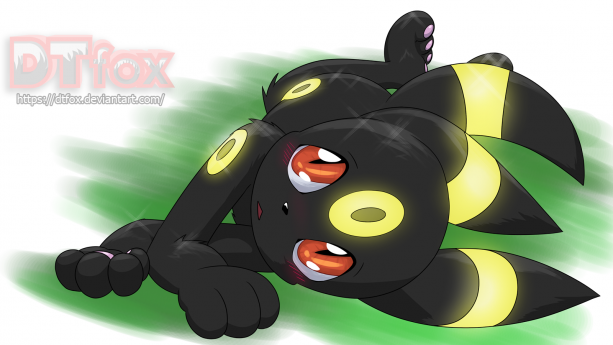 A cute umbreon lays on the ground looking up at the viewer while blushing