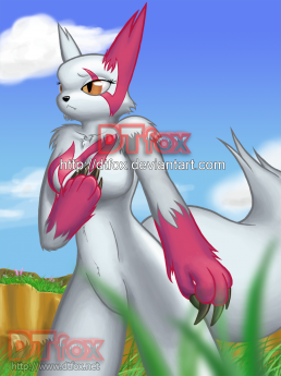 A furry Zangoose girl standing in the grass